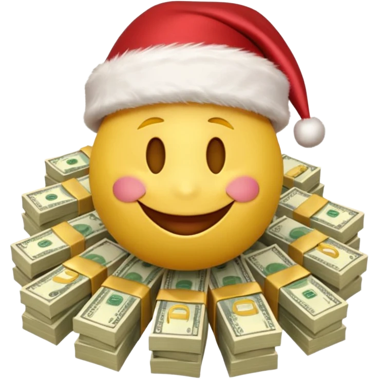 A festive 3D emoji style yellow smiley face wearing a Santa hat, surrounded by stacks of cash and dollar bills, joyful expression, Christmas and New Year theme, high quality, clean design, studio lighting, no text, no background, isolated object, transparent background, emojis.com style emoji