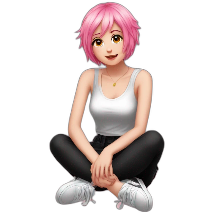 Full body Front view curvy emo girl pink hair sits on the floor straight view hands up black skirt полосатые рваные чулки emoji