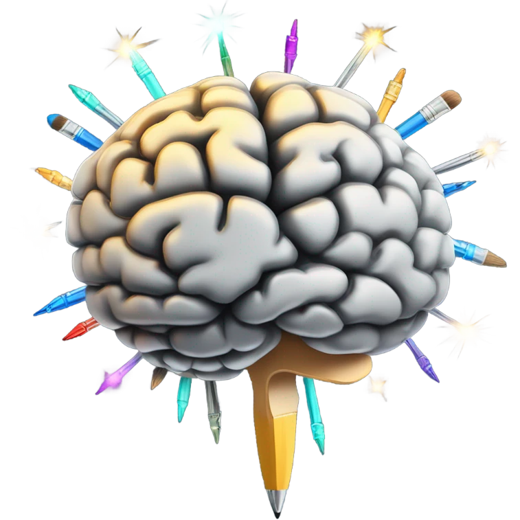 A glowing brain with small artistic tools (paintbrush, pen) orbiting around it like electrons, with sparkles or pixels emanating outward in a creative burst pattern.  emoji