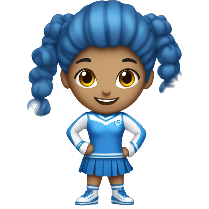 A full-length cheerleader girl in a blue suit with white and blue pompoms. Energetic and cheerful emoji
