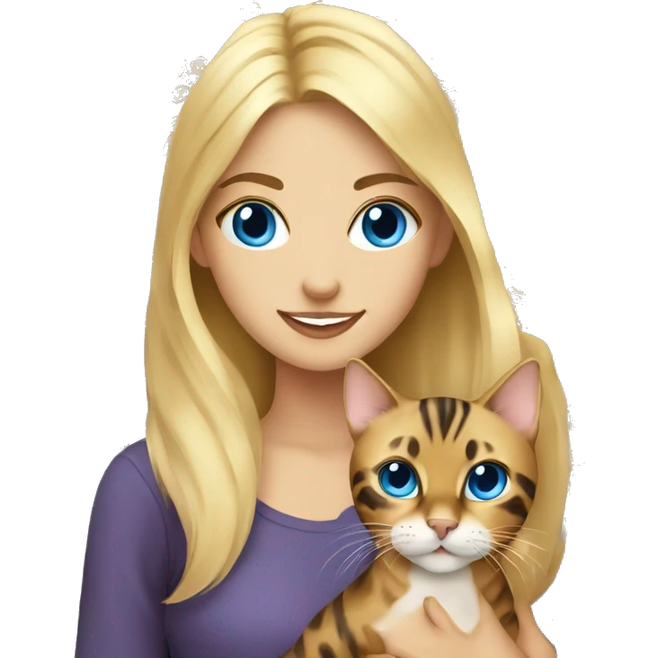 Blonde girl with blue eyes holding a bengal cat emoji