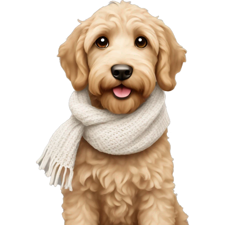 Puppy tan labradoodle wearing white knit scarf emoji