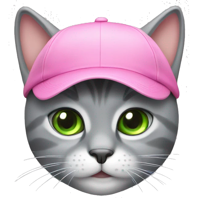 a gray cat with green eyes wearing a pink cap emoji