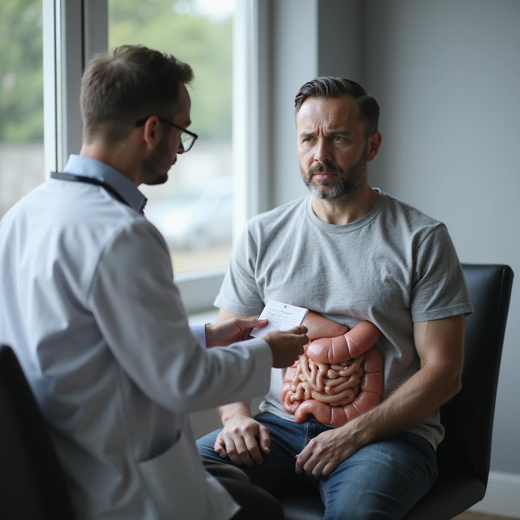 realistic 28-year-old man consulting a doctor for gastrointestinal symptoms, receiving prescription for tests, clinical environment emoji
