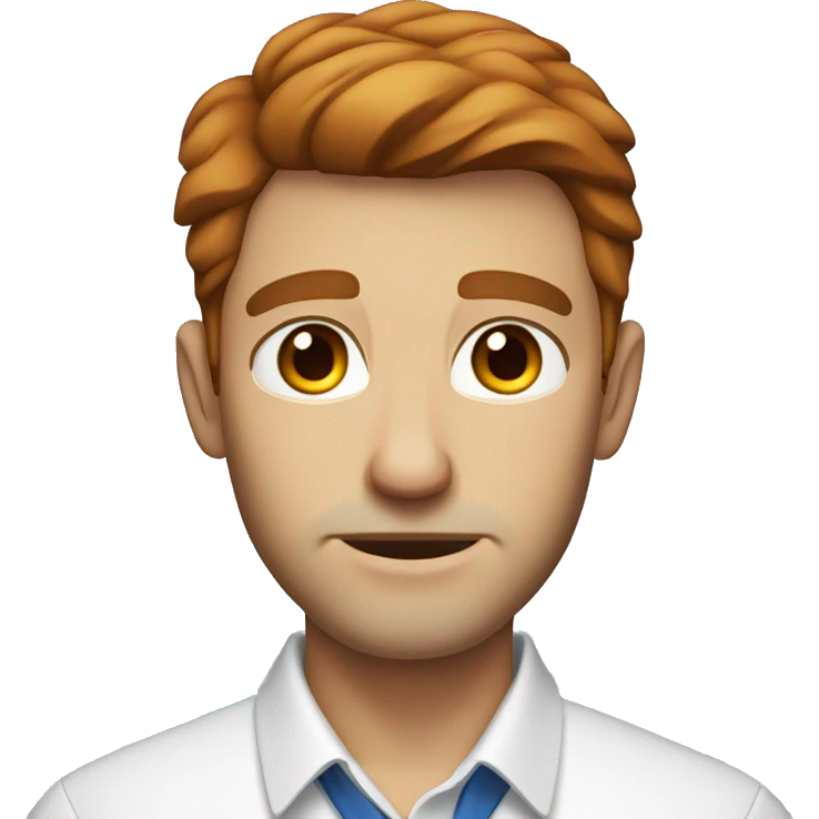 Portrait of an adult guy with brown-red hair, serious, light skin, brown stubble, blue eyes, wearing a white office shirt. emoji