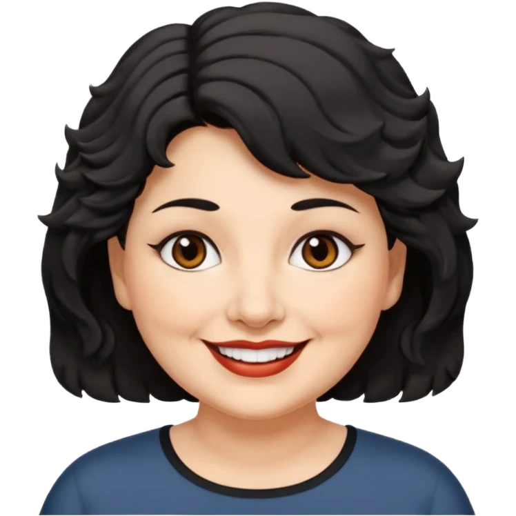woman 60, brown eyes, very short black wavy wolf cut hair, chubby smile no lipstick emoji