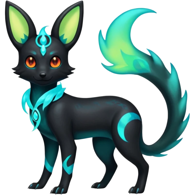 Shiny Ethereal Eldritch Cool Edgy Badass Punky Aural Iridescent Fluorescent Bioluminescent Umbreon-Amaura-Salandit-Litten-Flareon-Fakémon-fusion (full body) emoji