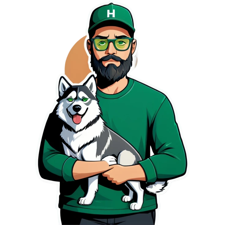 A bold man with a grey baseball cap, green eyes, big beard and glasses holding a husky dog emoji