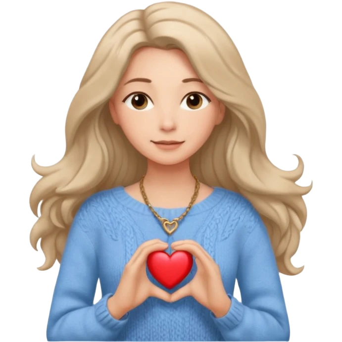 . Her skin glows warmly under the natural light, enhanced by the gentle textures of her knitted beige sweater and flowing hair. her heart-shaped necklace adds a delicate touch, while her serene expression brings a quiet strength to the portrait. The blue sky in the background.
 emoji