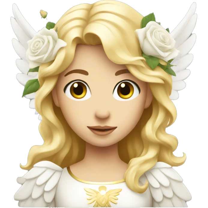 White angel with golden hair and a bouquet of white roses emoji