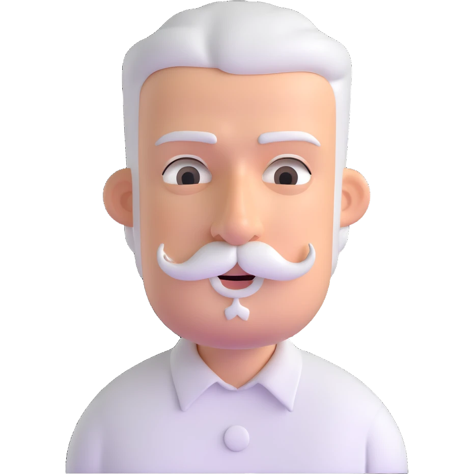 man with oval-shaped flat-top head, bushy white mustache, wearing a white shirt with three white buttons emoji