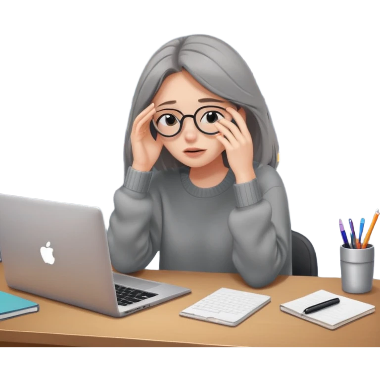 female tired blogger with a laptop, rubbing eyes, oversized sweater, cluttered desk, late night vibe emoji