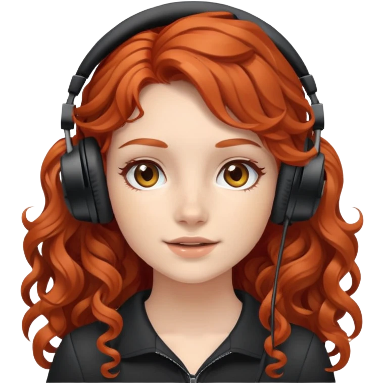 redhead girl with long loose wavy curly hair with black gaming headset  emoji