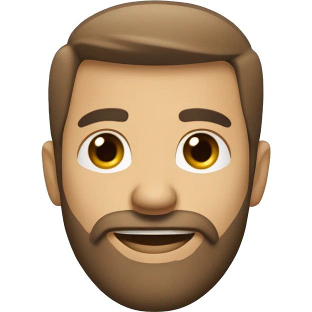 Face Shape: Oval with a slightly prominent forehead.
Skin Tone: Light.
Eyes: blue, wide and expressive.
Eyebrows: Light brown.
Mouth: Smiling with visible teeth.
Hair: Light brown
Full beard and mustache, light brown with some grey emoji