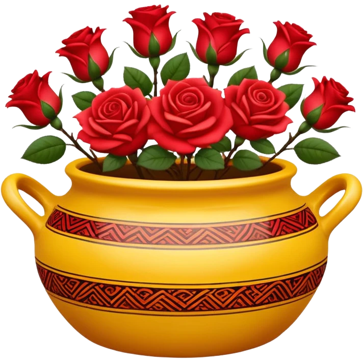 Yellow ceramic pot with red roses; the pot is decorated in an ethnic style. emoji