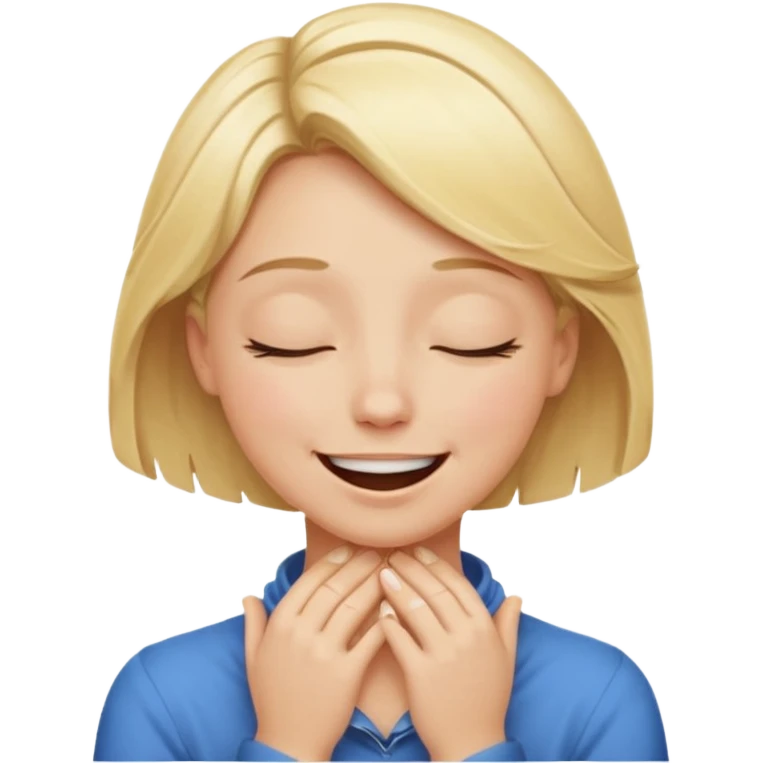 Happy blonde girl with eyes closed and mouth smiling and hands cupped around her neck - her eyes are squinty with excitment emoji