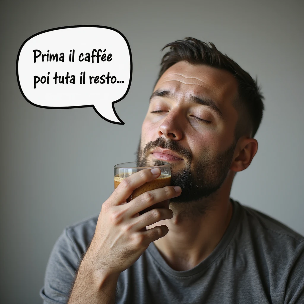 hyperrealistic 4K man isolated on white background with a speech bubble saying 'Prima il caffè, poi tutto il resto', sleepy expression, realistic details emoji