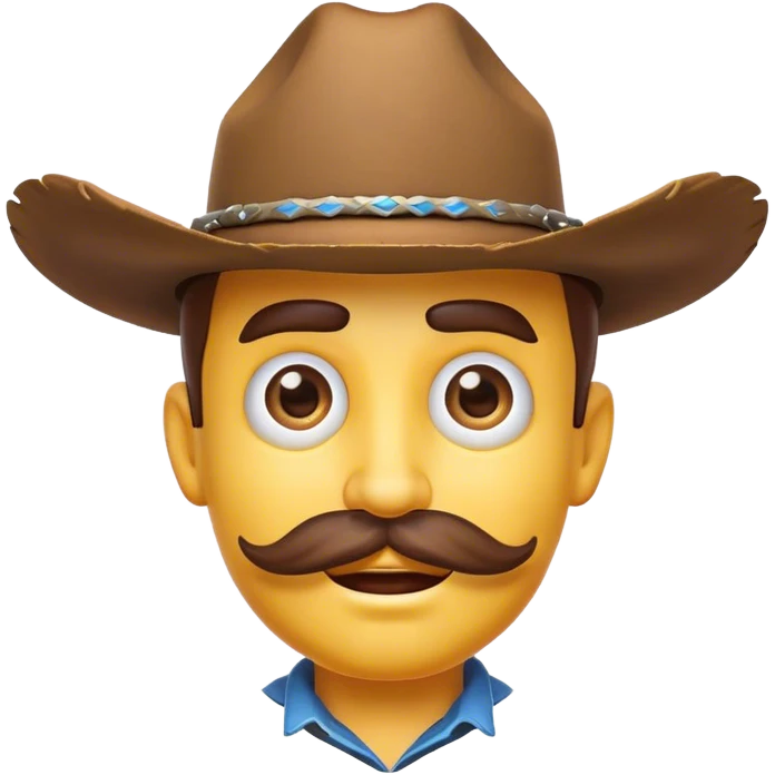 Clash of Clans aesthetic Comical Cowboy Portrait Emoji, Head tilted dramatically with an exaggerated, fun expression and wide, comically expressive eyes, featuring a rugged yet cartoonish build with a playful cowboy hat and quirky mustache, his natural skin tone evident, Simplified yet hilariously expressive features, highly detailed, glowing with a slightly sassy western glow, high shine, dramatic yet playful, stylized with an air of cheeky frontier mischief, soft glowing outline, capturing the essence of a meme-worthy cowboy bringing humor to epic quests! emoji