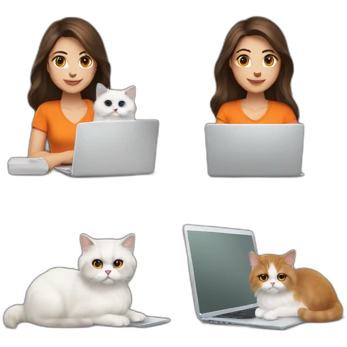 medium length hair brunette with laptop and with white and orange persian cat emoji