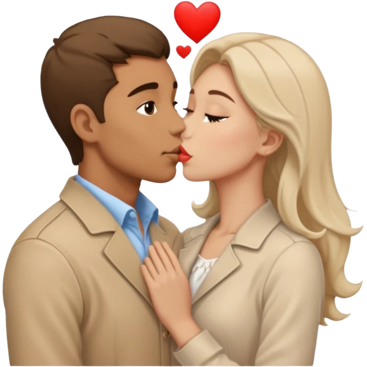 A man in pale beige clothes and a woman in pale beige clothes are kissing with white hearts emoji