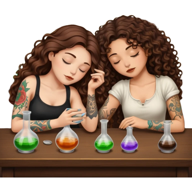 potion lab nap — long wavy brown hair tattooed woman and short tight curly brown hair woman — asleep at alchemy table emoji
