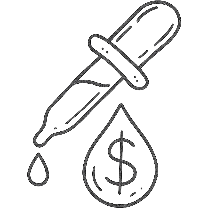 hand-drawn outlined pipette with a golden drop, dollar sign inside the drop emoji