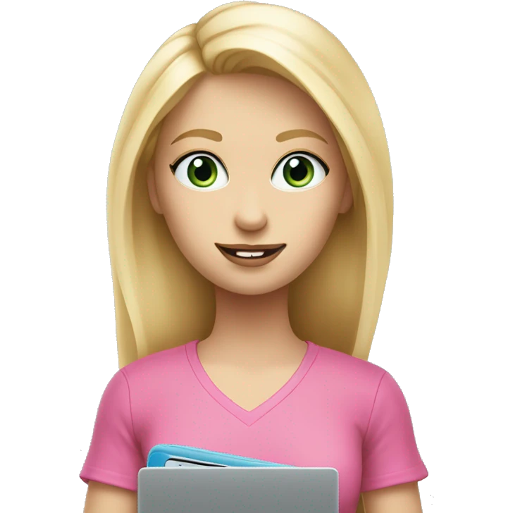 blonde hair bkue eyes girl with pink top and laptop emoji