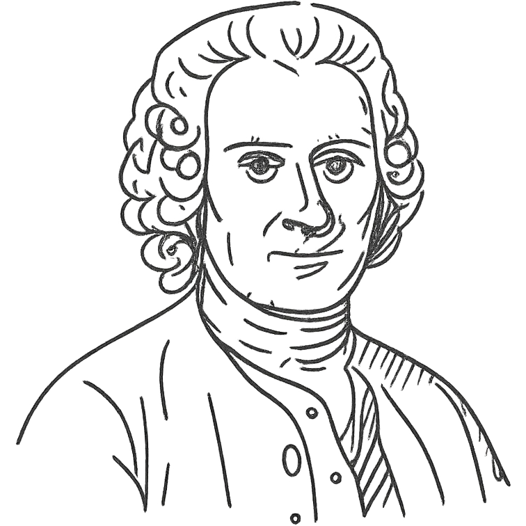 detailed black and white portrait of Jean-Jacques Rousseau, minimal handstrokes, clean hand-drawn outline style, no fill emoji