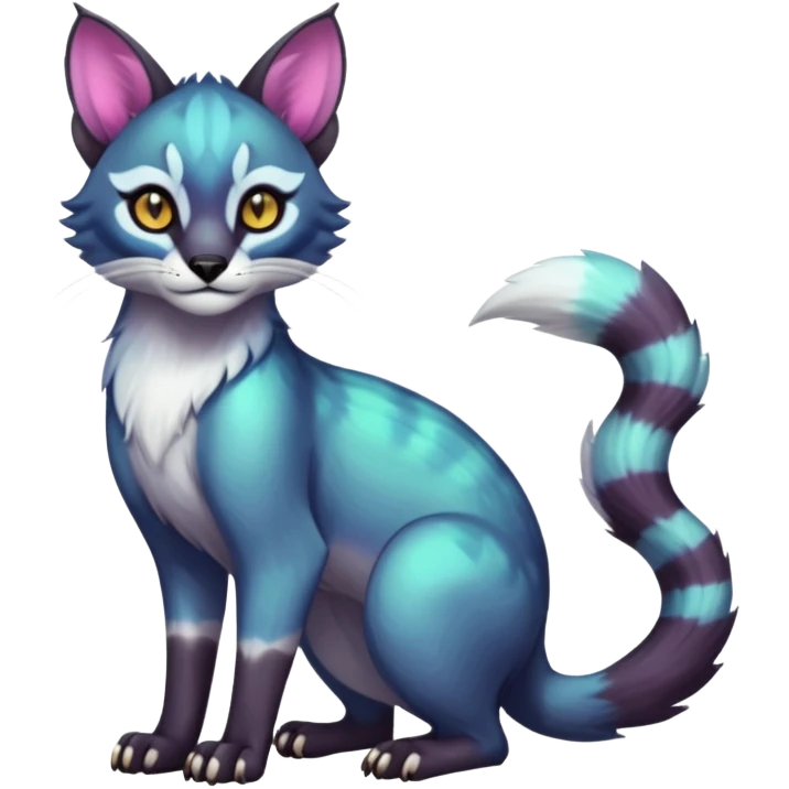 Colorful dark tropical white iridescent glorious divine exotic cute cool beautiful shiny beautiful fantasy-caracal-civet-genet-sergal-vernid-Cacomistle-oncilla-animal-Fakémon-hybrid-fursona (full body) emoji