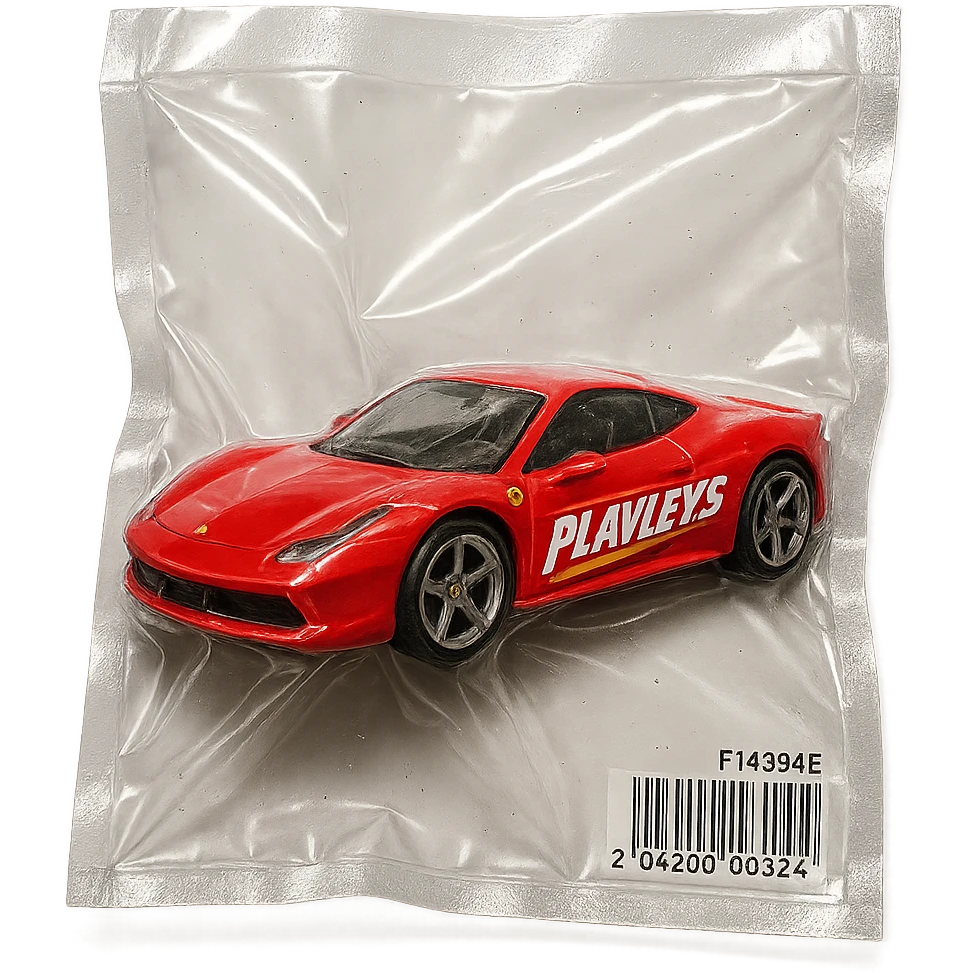 red Ferrari in Hot Wheels packaging, 'PLAVLEYS' written on the side in dynamic racing font, glossy, vacuum-sealed style emoji