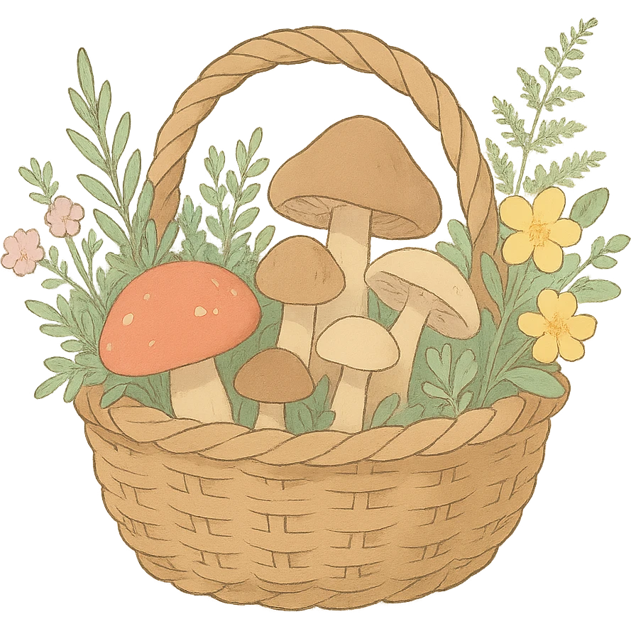 basket full of forest goodies including mushrooms, herbs, flowers in soft pastel colors, soft Ghibli style emoji