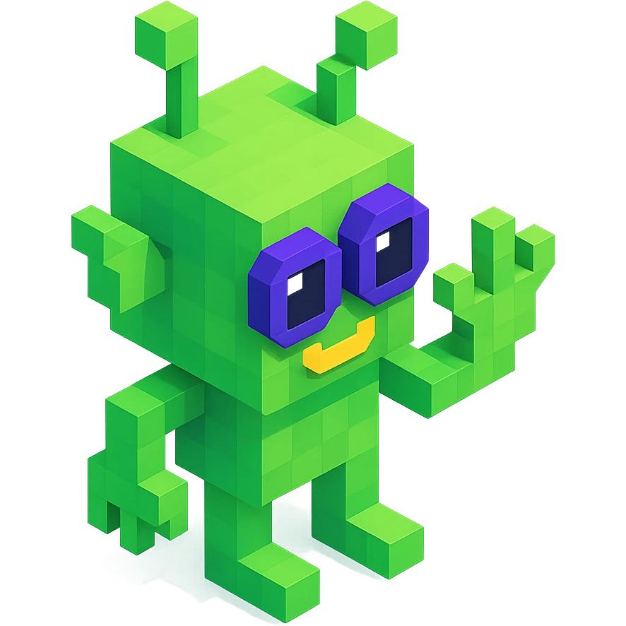 green alien with antennae and three fingers on each hand, isometric view emoji