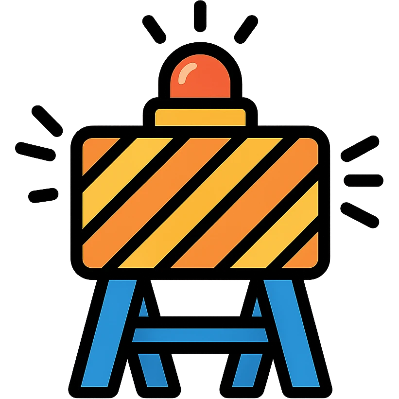 colorful outlined construction sign with dynamic elements like flashing lights or moving stripes emoji