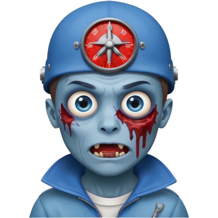 Zombie boy, with a blue face, blue eyes, brown hair and eyebrows, a sticking out fang, a bloody scratch on his face and a helicopter cap emoji