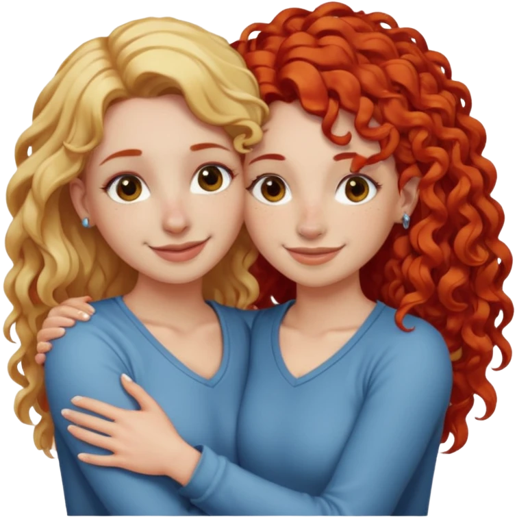 A woman with straight blonde hair and a nose piercing and a woman with curly red hair and a nose piercing are hugging and smiling together. emoji