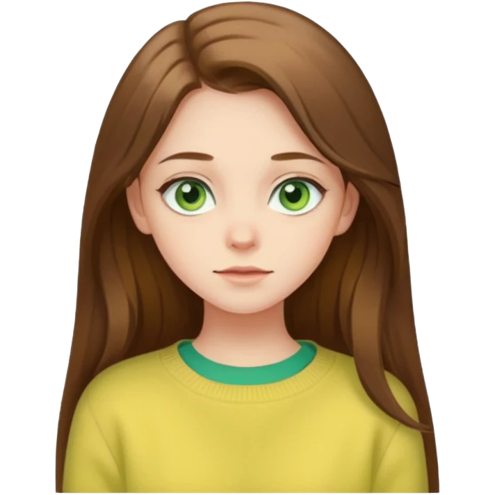please create an emoji of a semi pale girl with long brown hair, green eyes, wearing a pastel yellow sweater emoji
