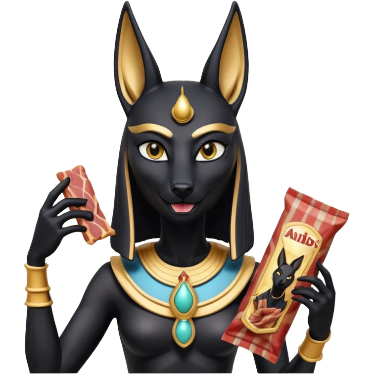  Friendly Short-eared Black fur beautiful female alien anubis statue posed biting on store-brand bacon packaging  emoji