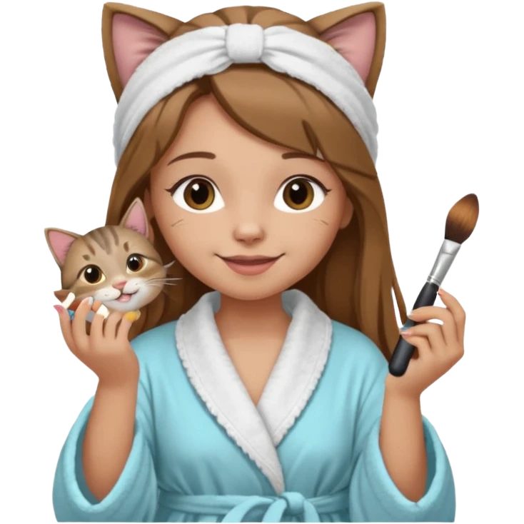 A image of a girl with light long brown hair wearing a bathrobe and headband doing her makeup with her chubby grey tabby cat. She is smiling emoji
