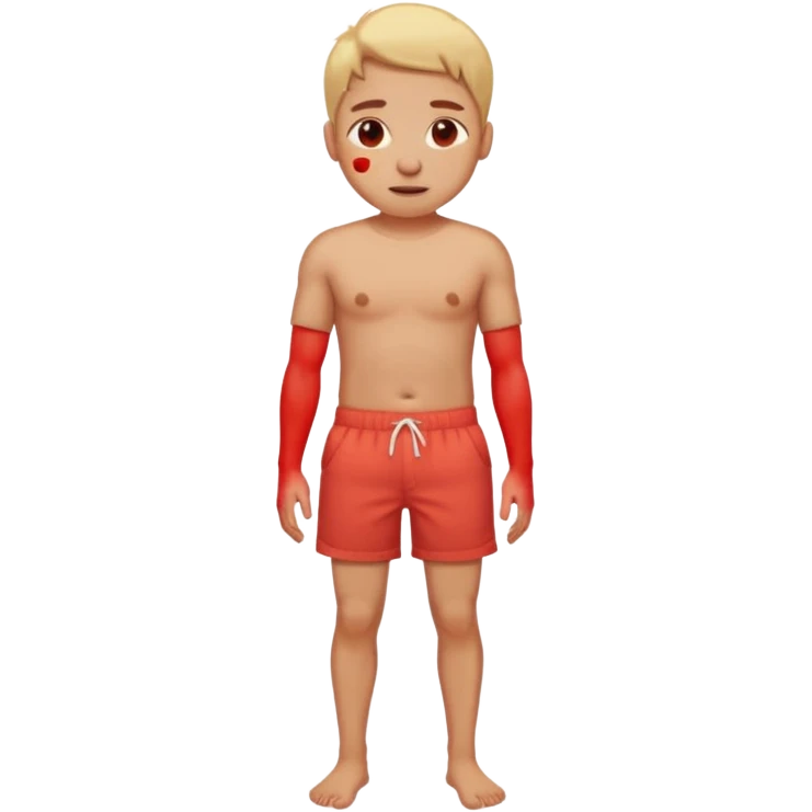 Emoji-style person in beach shorts, skin visibly sunburned and red on arms, legs, and face Expression shows mild pain or discomfort, cute rounded emoji desig emoji