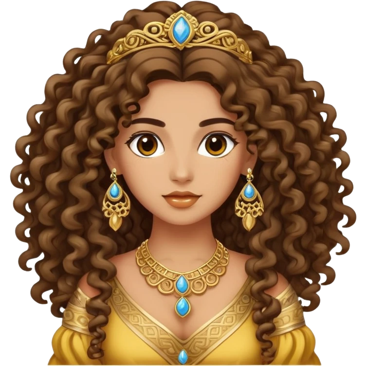 Beautiful Greek woman with very long puffy curly hair, wearing ornate gold jewelry and cute stylish clothes emoji