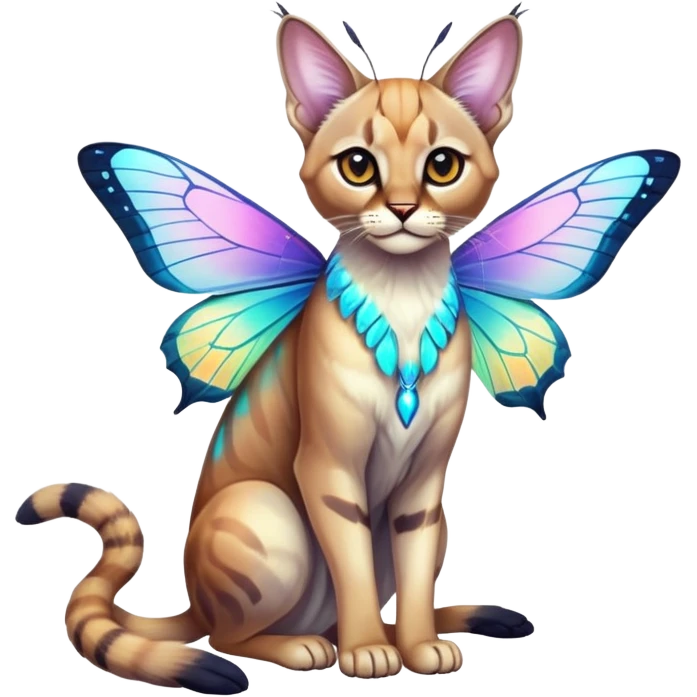 Colorful Neon exotic ethereal iridescent tropical shiny Fantasy-Siamese-Bobcat-Caracal-Moth-Scottish-Fold-feline-Fakémon-feline-hybrid (full body) emoji