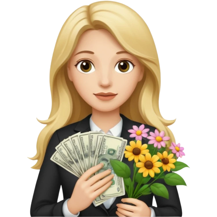 White woman with long hair blonde and brown eyes with money and flowers emoji