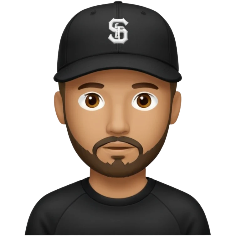 Hombre con la cara oculta, con barba fina y perilla, gorra negra de baseball bordada con un 08, y sudadera negra emoji