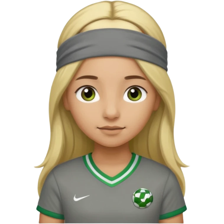 A light brown girl with a grey headband and long blond hair with a green football shirt emoji