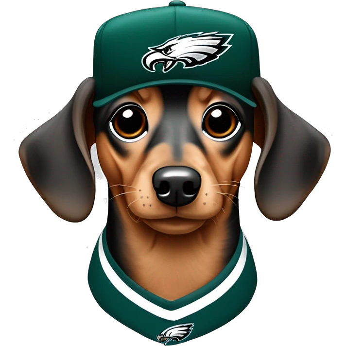 Miniature Dachshund Merle wearing Philadelphia Eagles Hat with Coco name on Jersey emoji