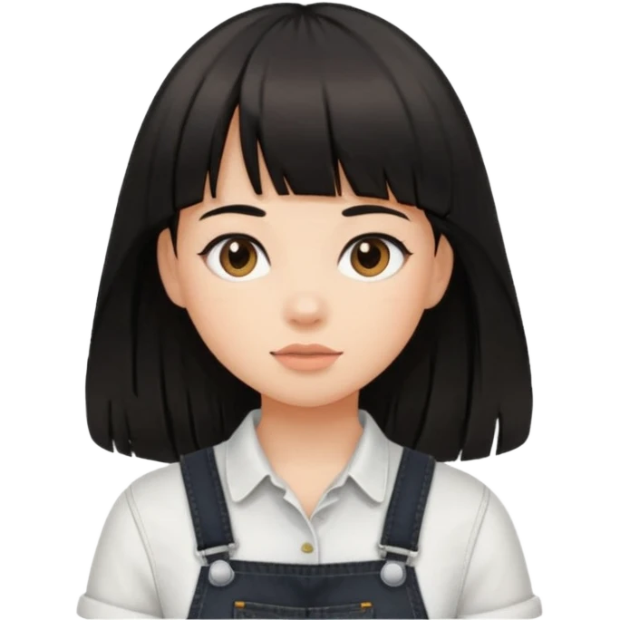 Make it a girl wil long hair like this and look like this  she has brown ish black hair and if has bangs with black overalls and a white shirt emoji