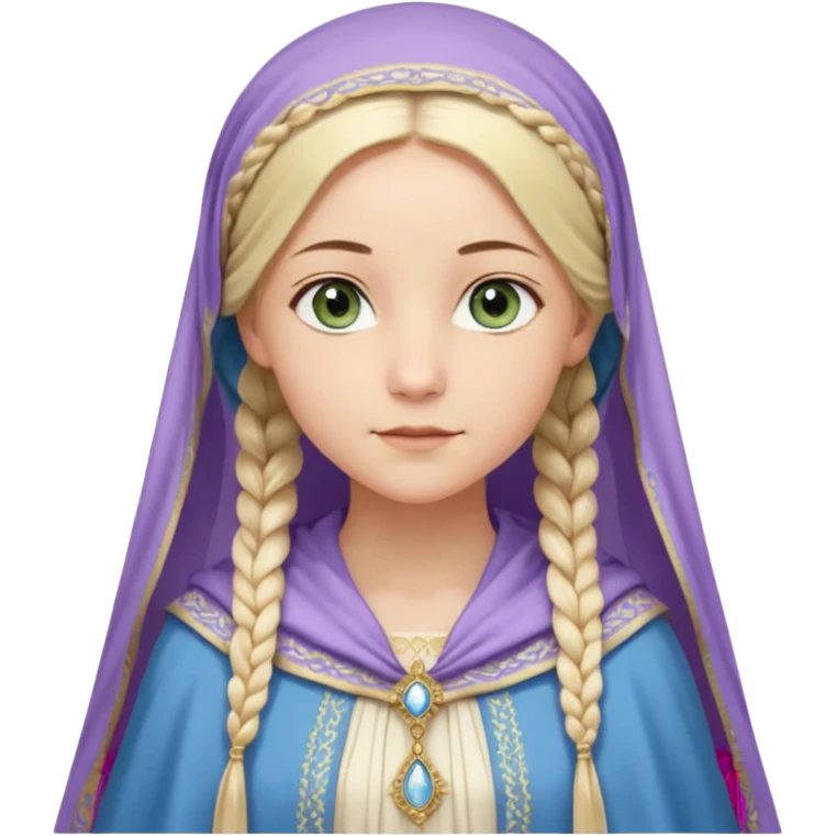 Joven de unos 30 años, de aspecto dulce y elegante.
Piel clara, ojos (pueden ser azules o verdes)
Rubio o castaño claro, largo, con trenzas o velo.
Vestido largo de tonos suaves (blanco, azul o lavanda), con bordados dorados; un manto o toca fina cubriendo la cabeza. Haz todo el cuerpo emoji