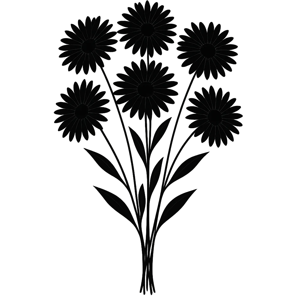 Create a bouquet of black daisies that is simple and dark with a gothic vibe, with no background. The bouquet should have a minimalistic yet gothic style emphasizing the black color and simplicity. emoji