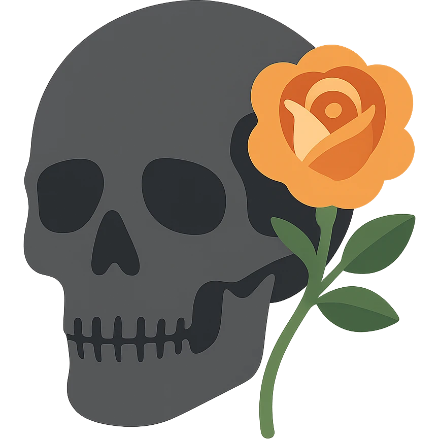 A dark, grey skull with sharp, angular features and a mysterious, haunting aura, featuring a rose delicately placed in one of its hollow eye sockets. The skull is in shades of grey, accented with soft tones of golden orange (FA9B41), forest green (4A7C5C), muted taupe brown (96775A), and pastel peach (FFCC9A). The rose, vibrant in its peach and orange hues, contrasts with the cold, eerie grey of the skull, its petals unfurling gently around the eye socket. The background is dim and shadowy, with a faint, mystical glow illuminating the skull and rose, adding to the gothic and slightly surreal atmosphere. The scene feels both haunting and beautiful, with a touch of elegance. emoji