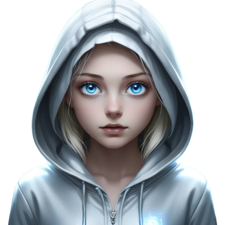 Cinematic girl with large sparkling blue eyes wearing a hoodie, Ultra realistic 32k HD, Breathtaking piece of art, rim lighting, hauntingly beautiful art, mostly greyscale, Balanced features, highly detailed digital artwork, glowing with silver light, glowing, high shine, deviant adoptable, highly detailed clothing, remembrance, a painting of white silver, fanciful, enchanting, ghostly, embodying the essence of both reality and fantasy, dreamy, dreamy glow, optical illusion, immaculate composition, complex pose, air composition. The image is so lifelike that it feels as though it could leap off the canvas at any moment emoji